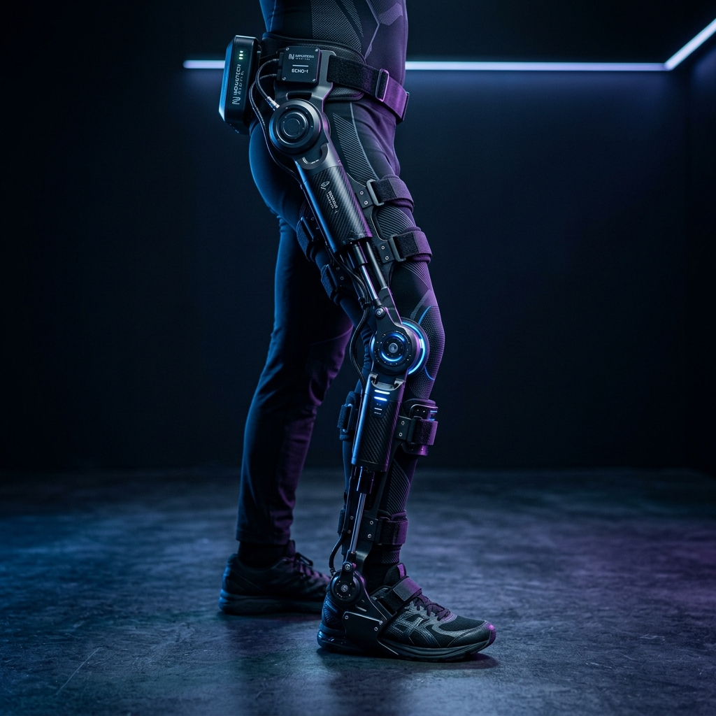 A person wearing a high-tech medical exoskeleton leg brace in a futuristic studio lighting setup.